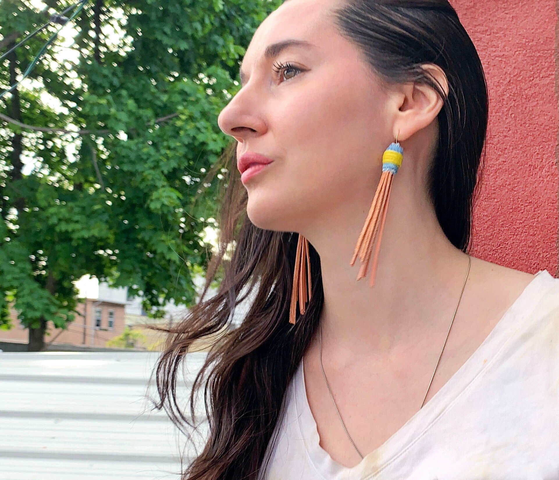Hand-stitched Recycled Denim Leather Fabric Earrings - Coral Yellow Recycled Materials