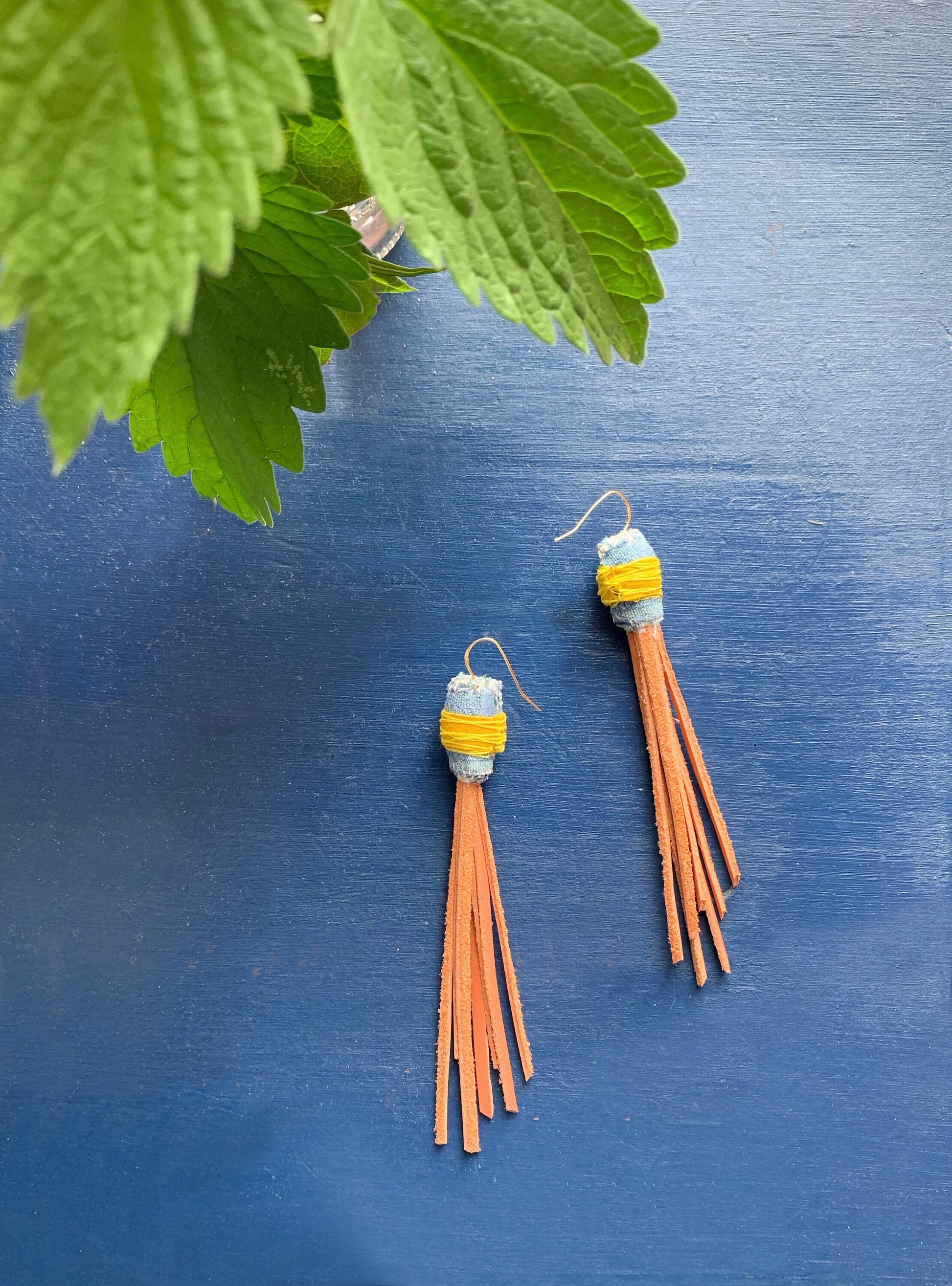 Hand-stitched Recycled Denim Leather Fabric Earrings - Coral Yellow Recycled Materials