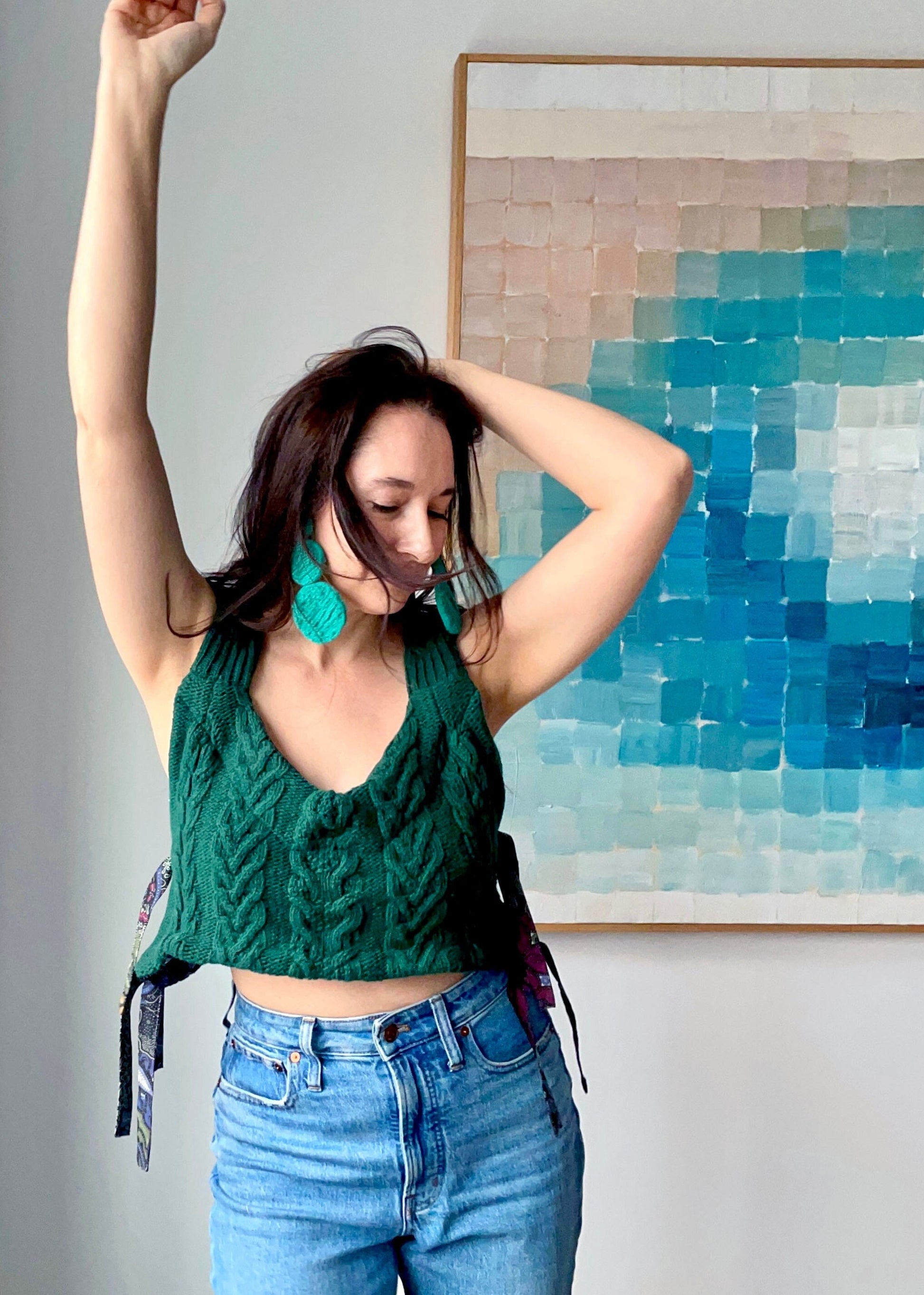 Green Upcycled Side-Tie Sweater Top - One size - recycled materials