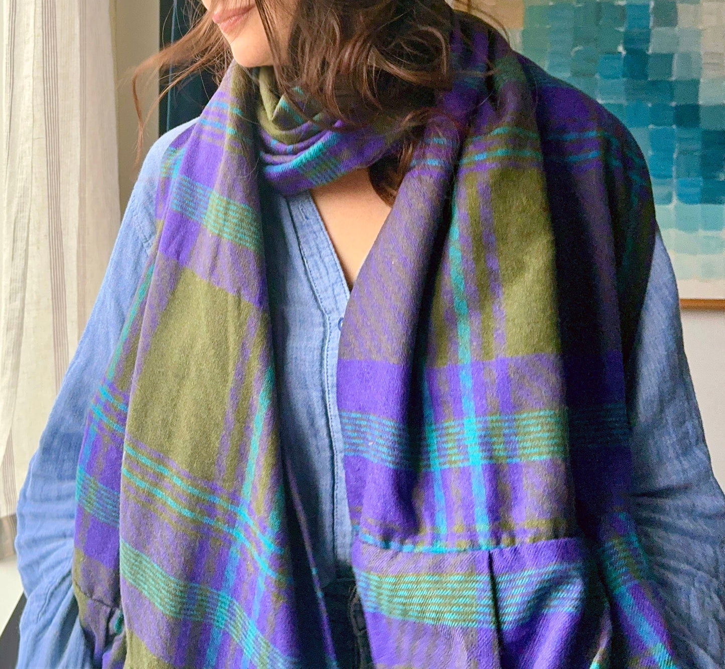 Lux Hunter Green Plaid Super Scarf - reclaimed wool and velvet