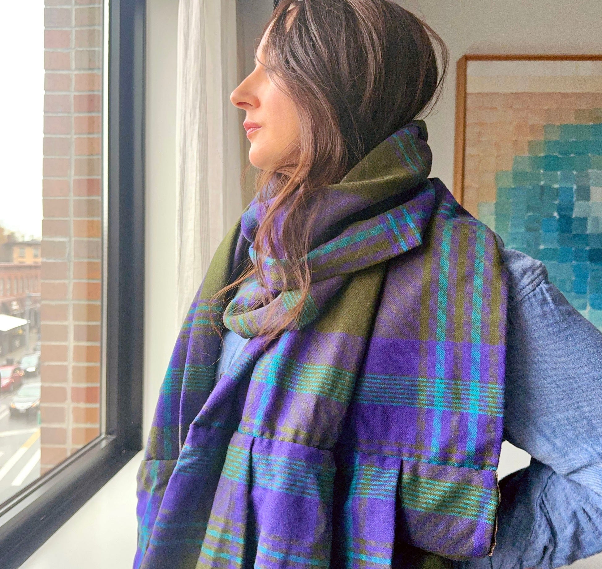 Lux Hunter Green Plaid Super Scarf - reclaimed wool and velvet