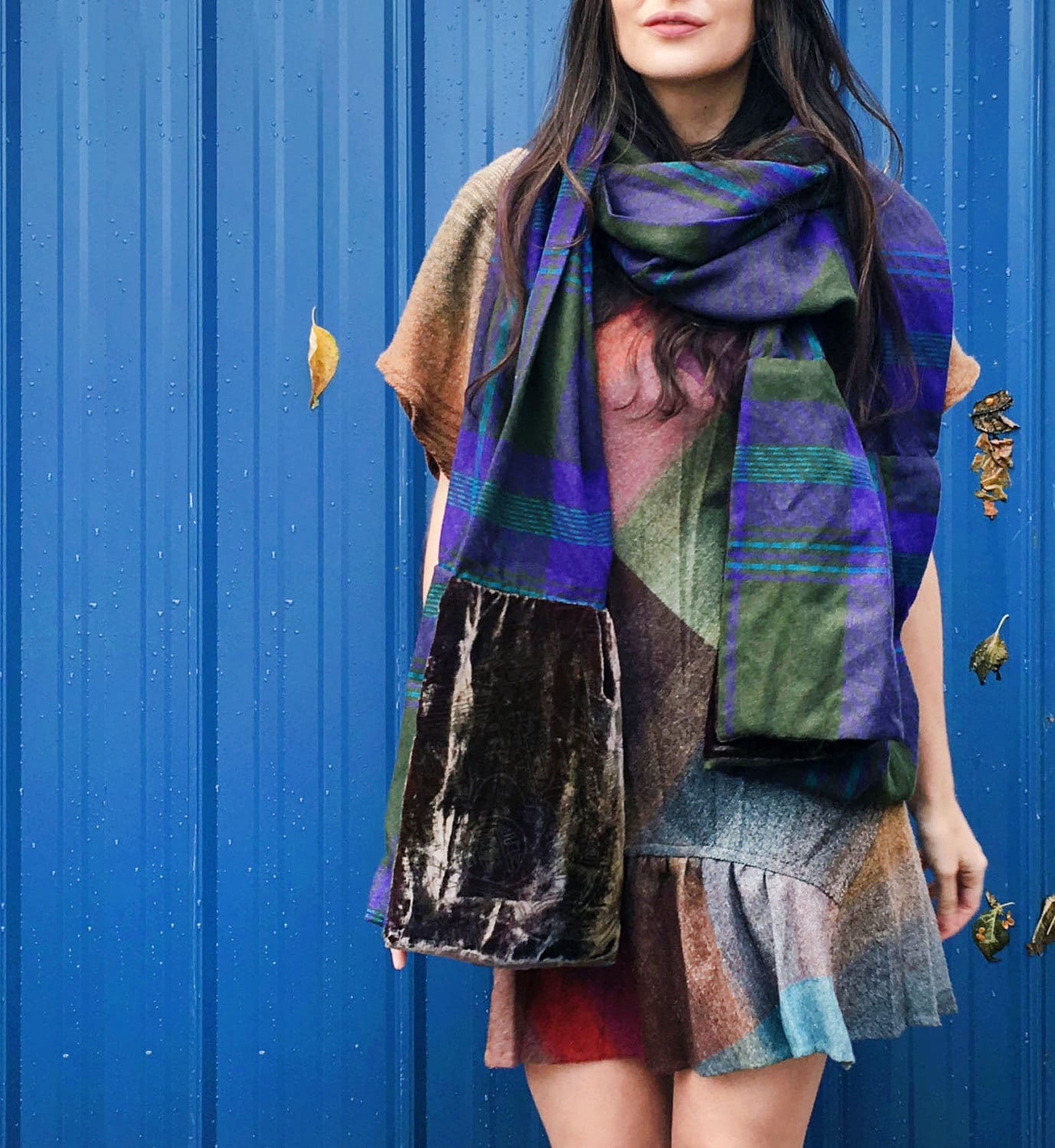 Lux Hunter Green Plaid Super Scarf - reclaimed wool and velvet