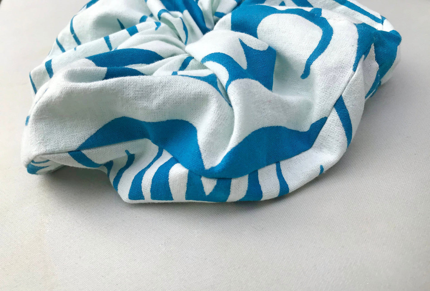 Graphic floral, blue and white Scrunchy - ReClaimed Cotton Fabric