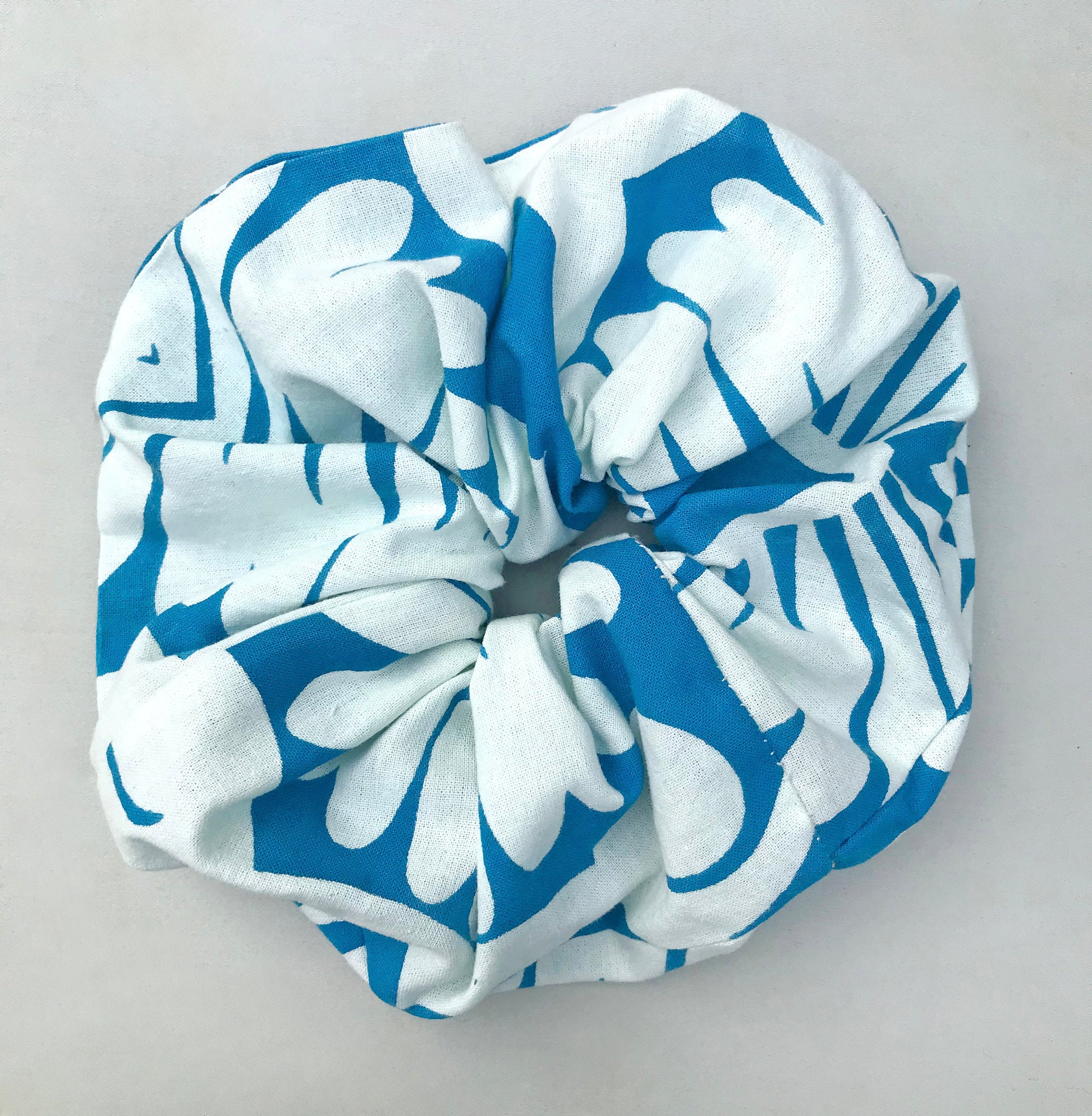 Graphic floral, blue and white Scrunchy - ReClaimed Cotton Fabric