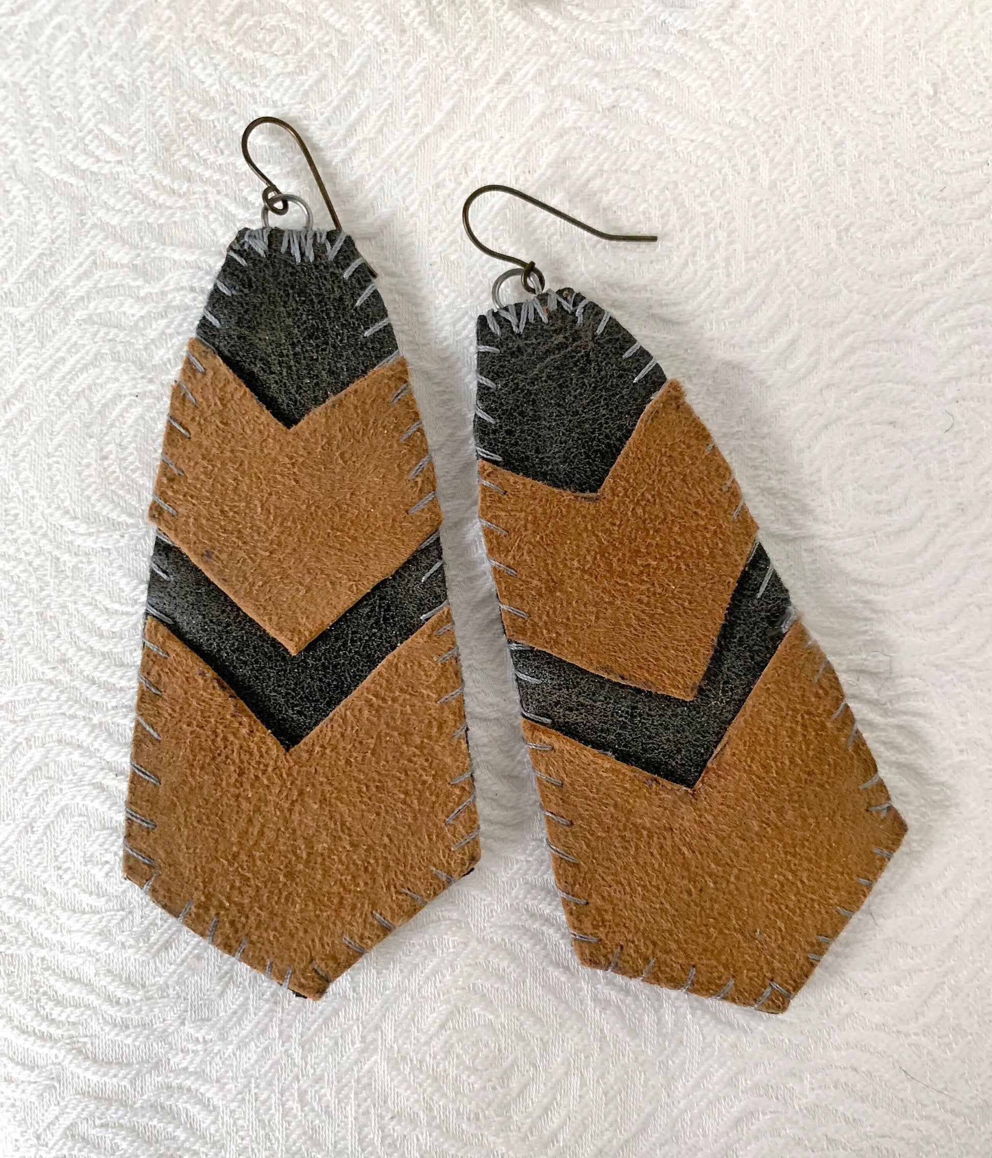 Charcoal and Tan Graphic Chevron ReClaimed Leather earrings - recycled leather