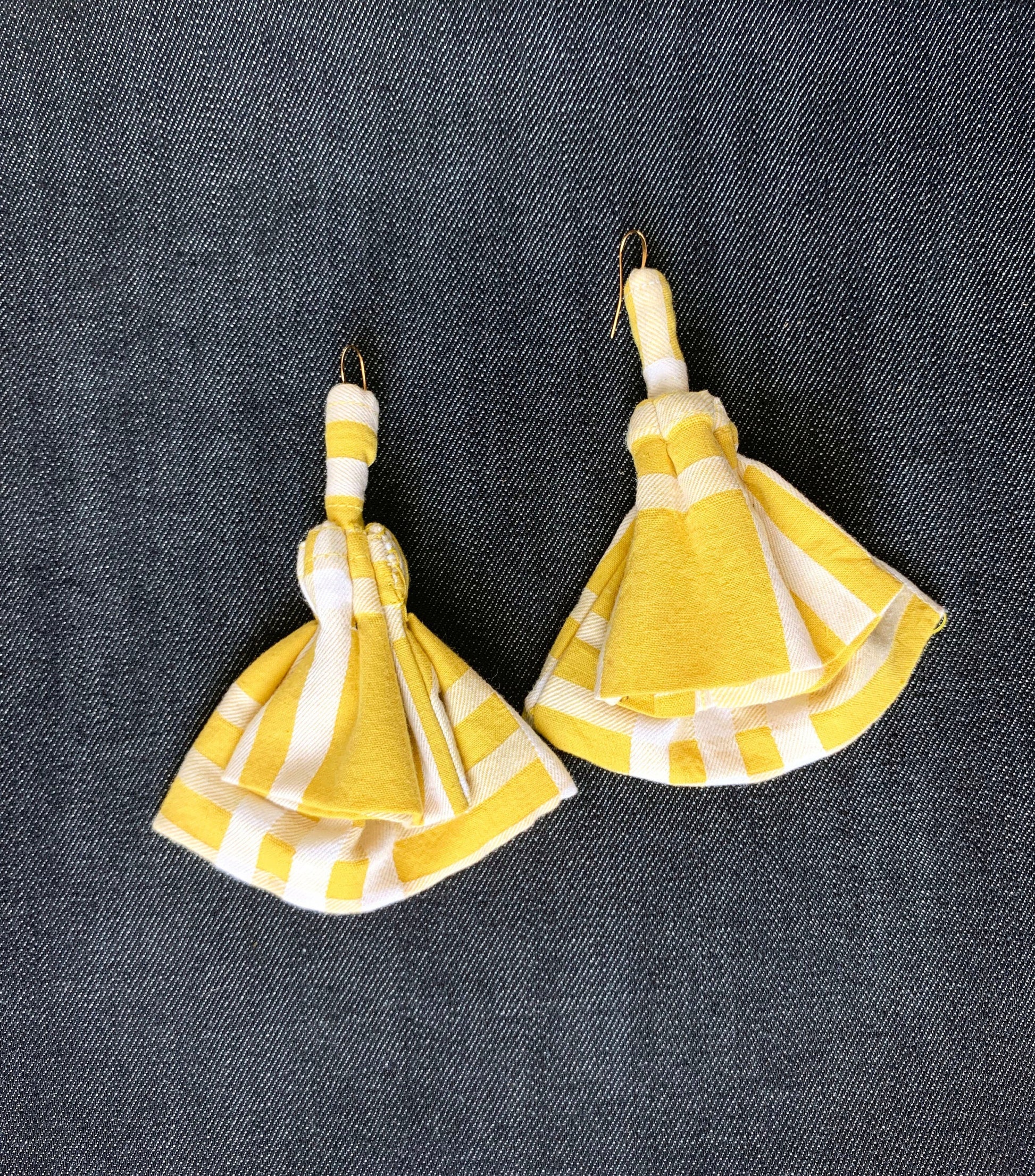 Yellow and White Plaid Fabric Earrings - Recycled Vintage Fabric