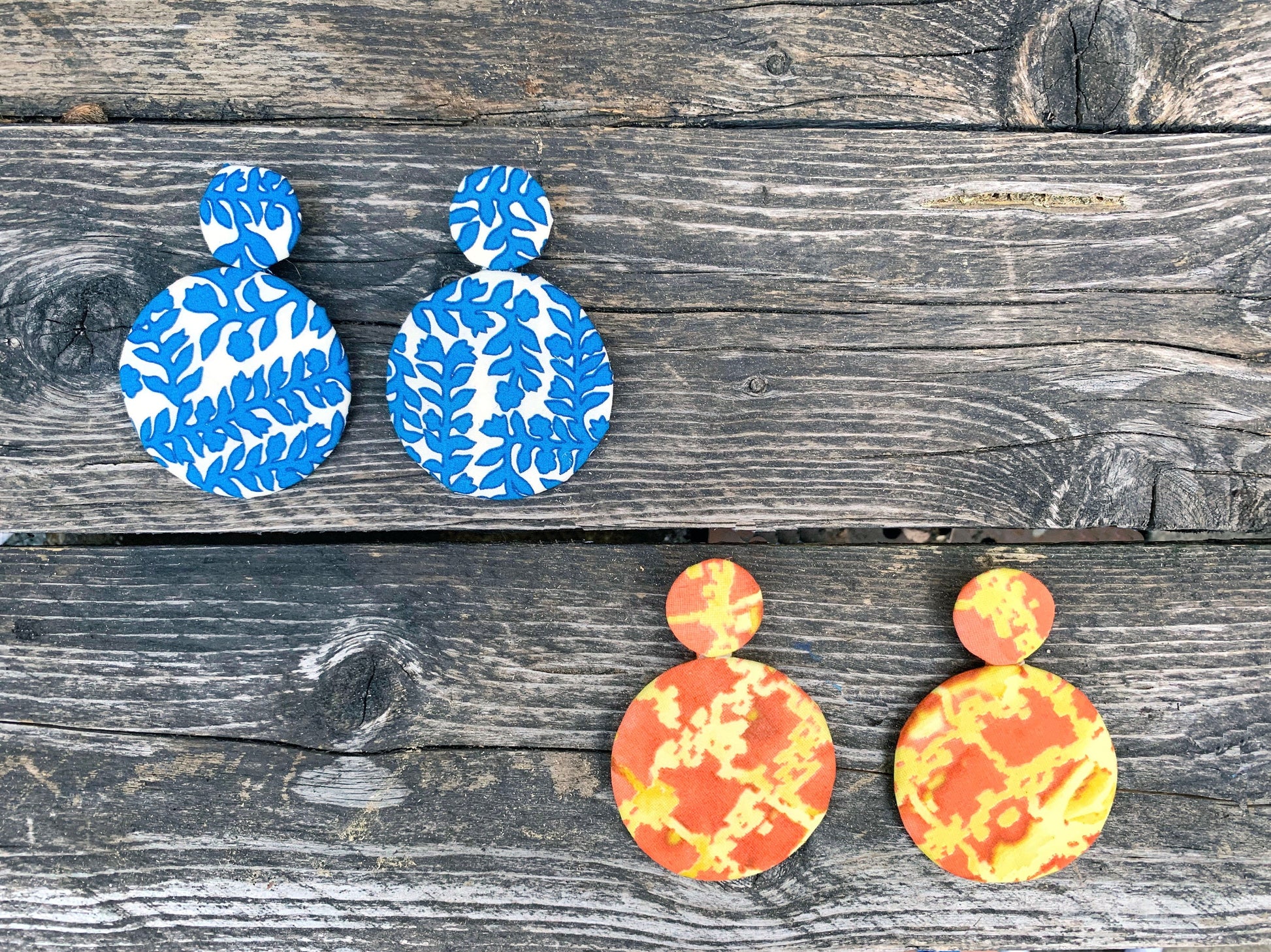 Abstract Yellow Orange Disc Fabric Earrings - from Recycled Materials