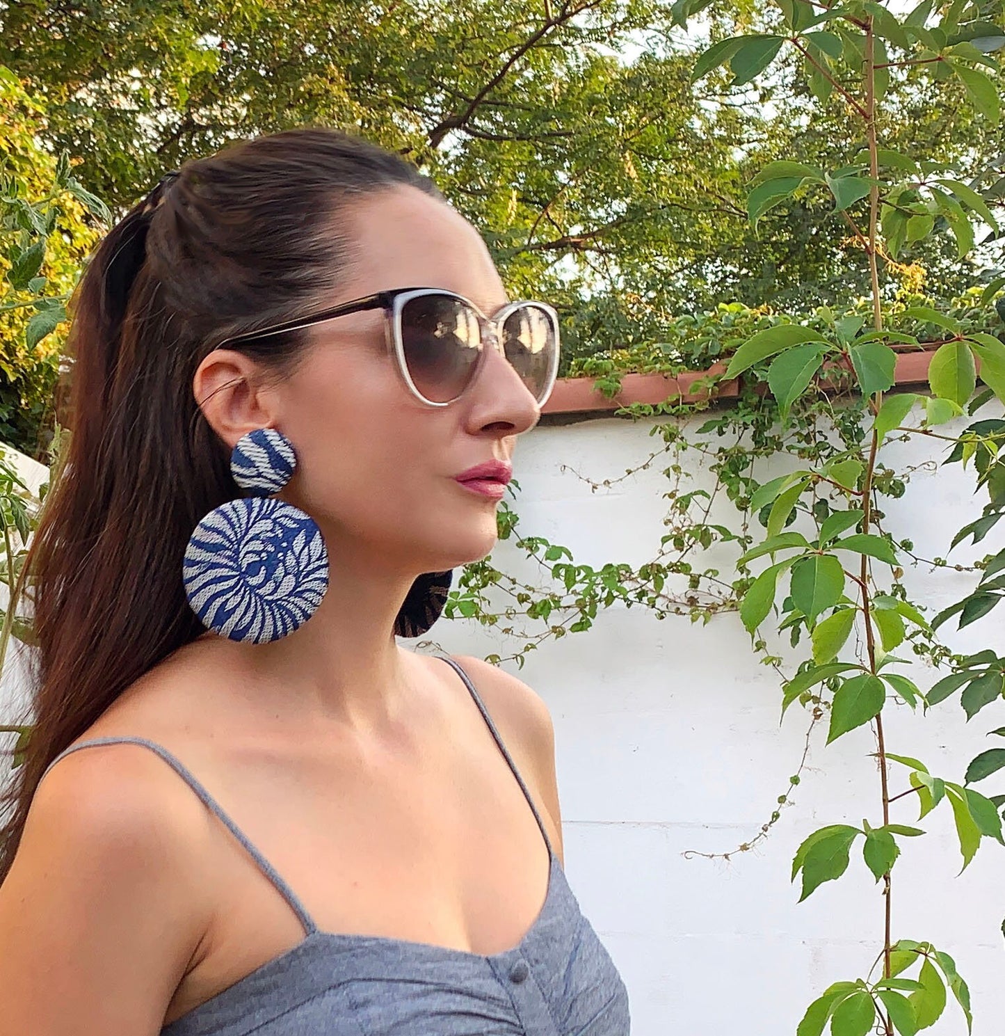 Blue Silver Denim Metallic Fabric Earrings - from Recycled Materials
