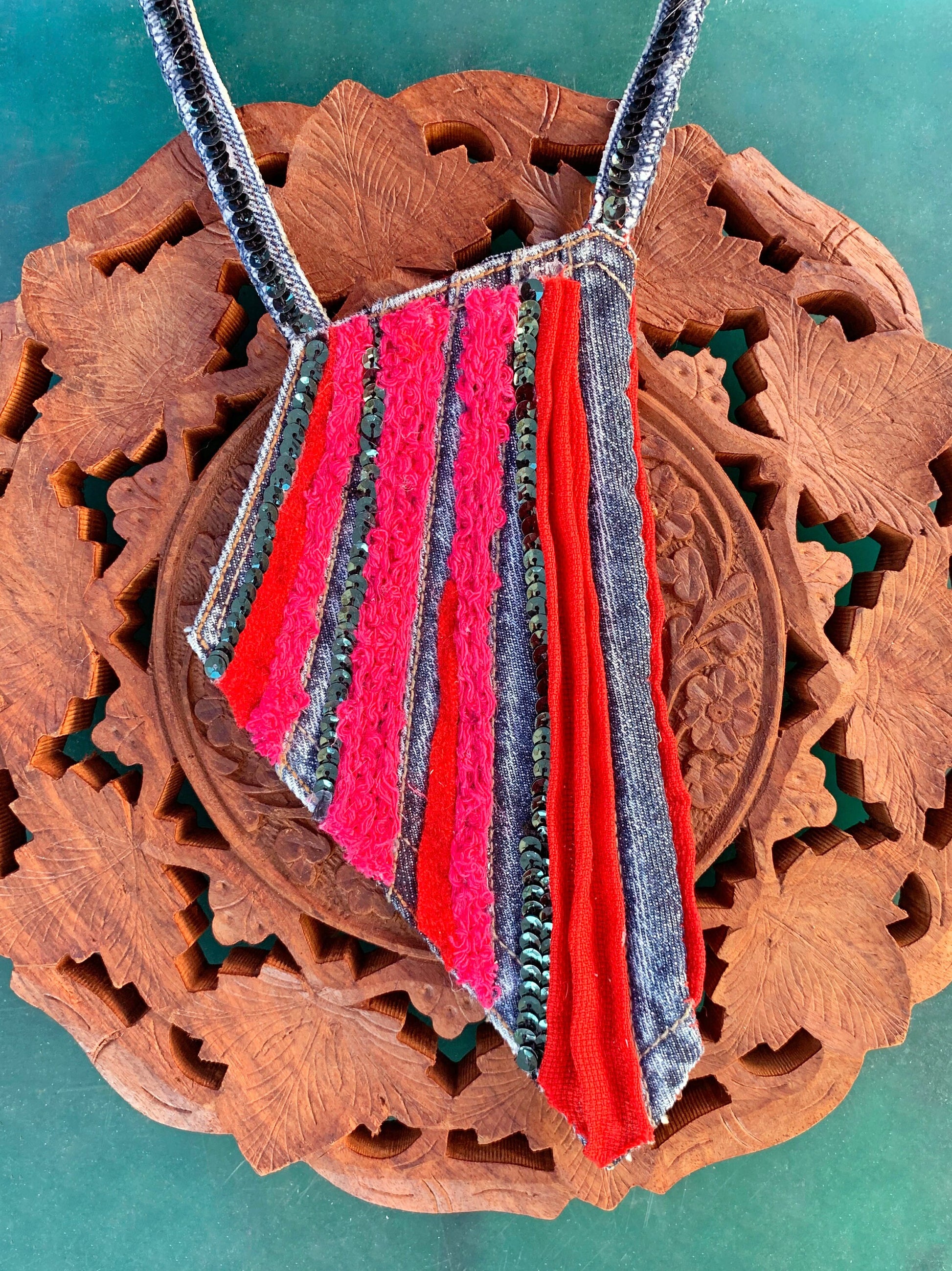 Red Pink Denim Fabric Choker Necklace - repurposed materials