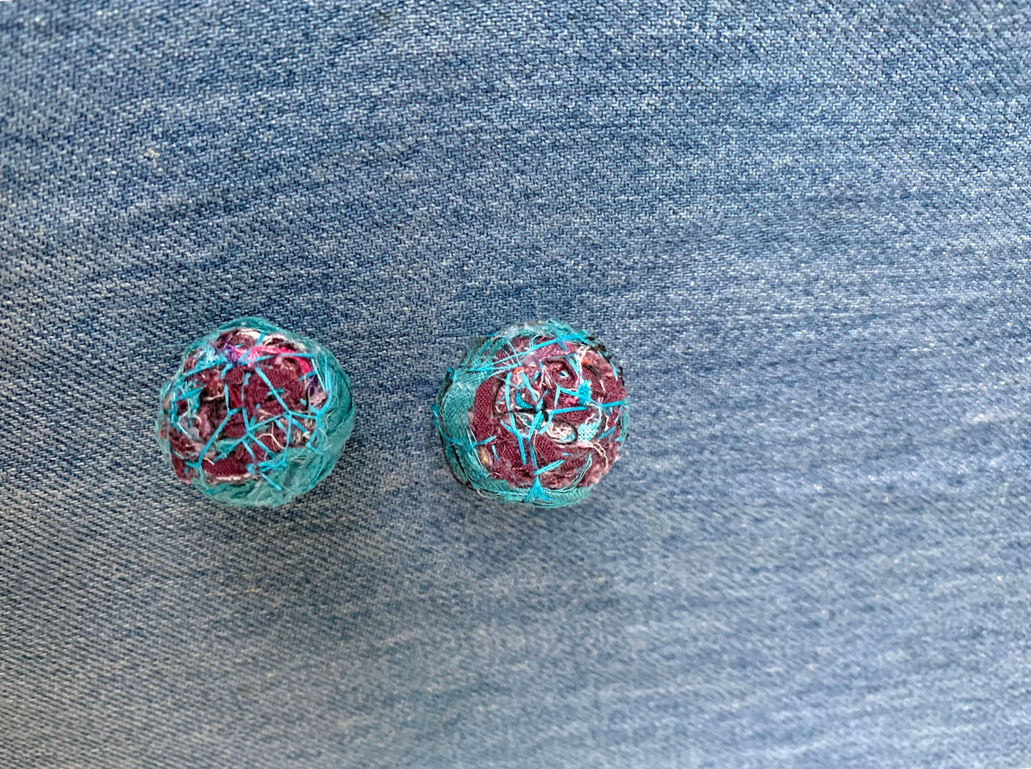 Colorful Recycled Fabrics Disc Earrings - Teal