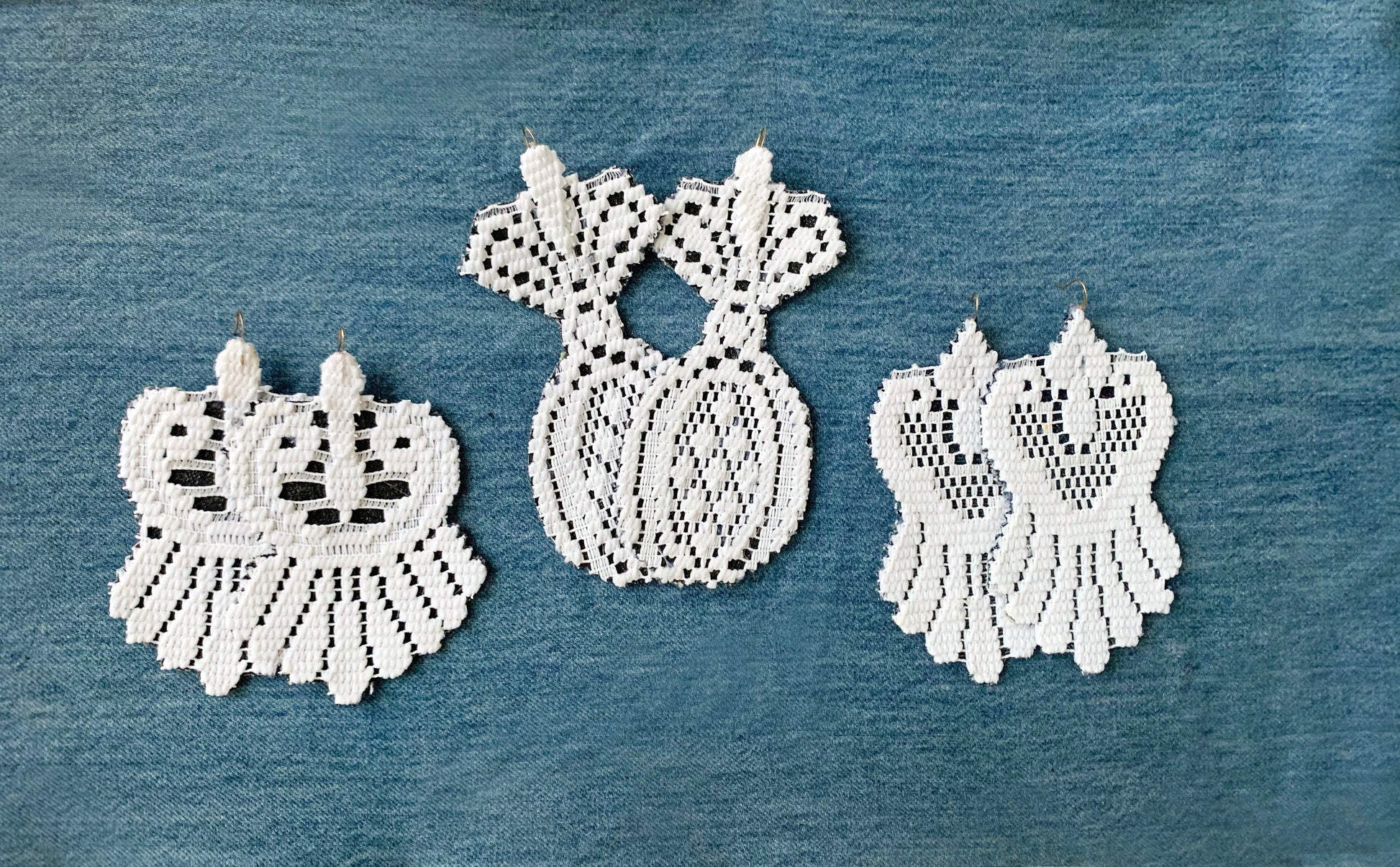 White Lace & Denim Earrings - recycled materials