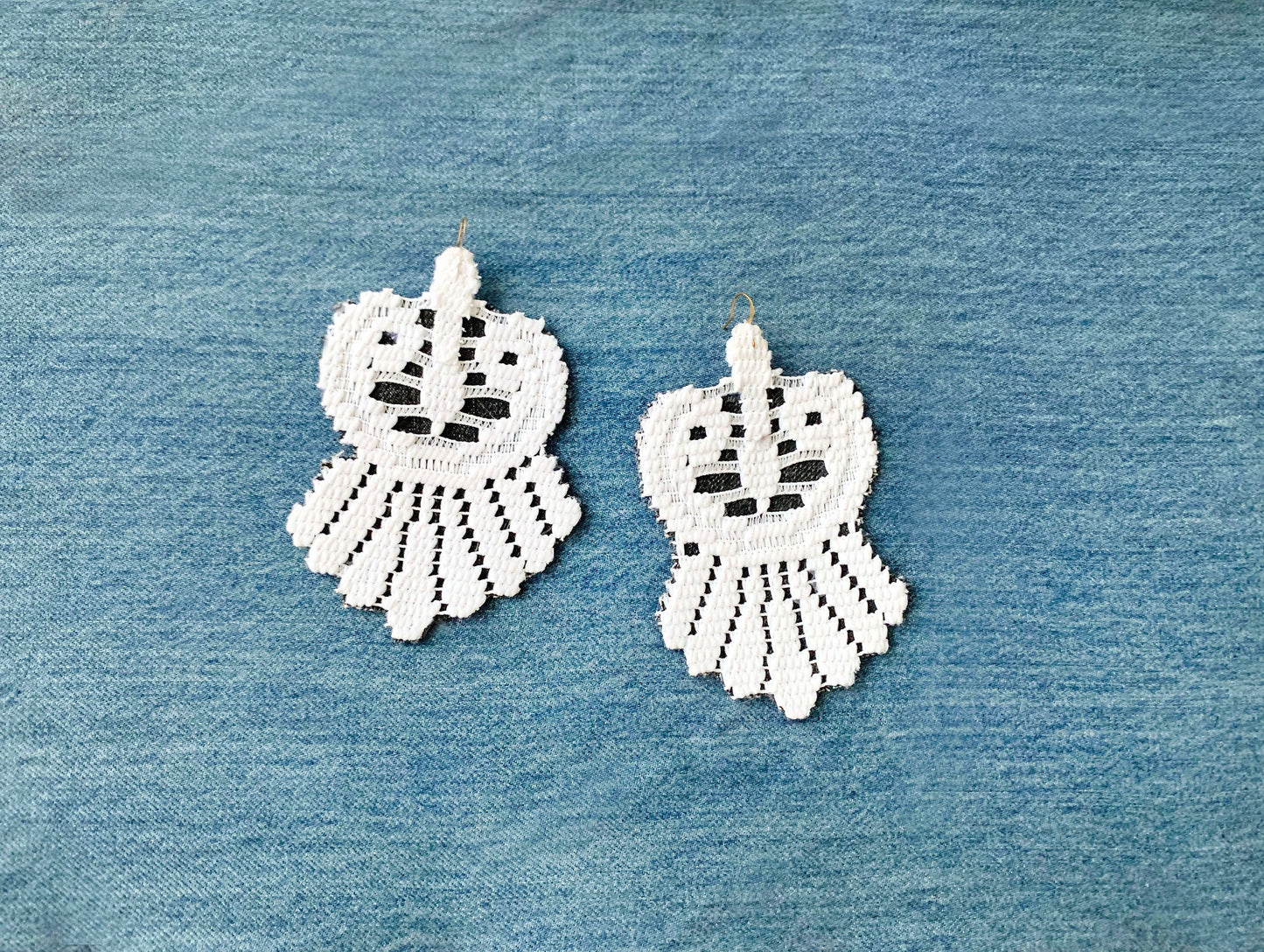 White Lace & Denim Earrings - recycled materials