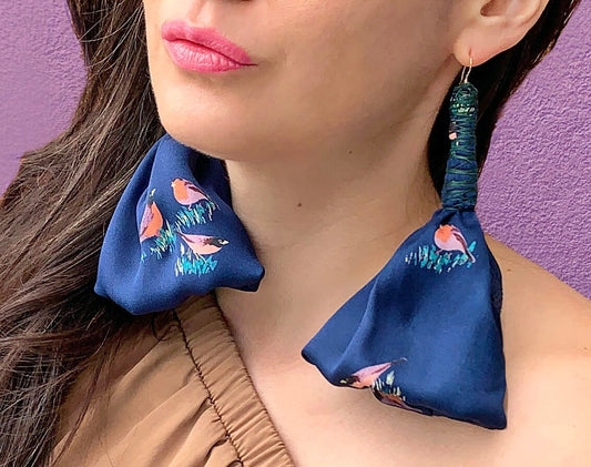 Navy Bird Print Hand-Sewn Recycled Fabric Earrings