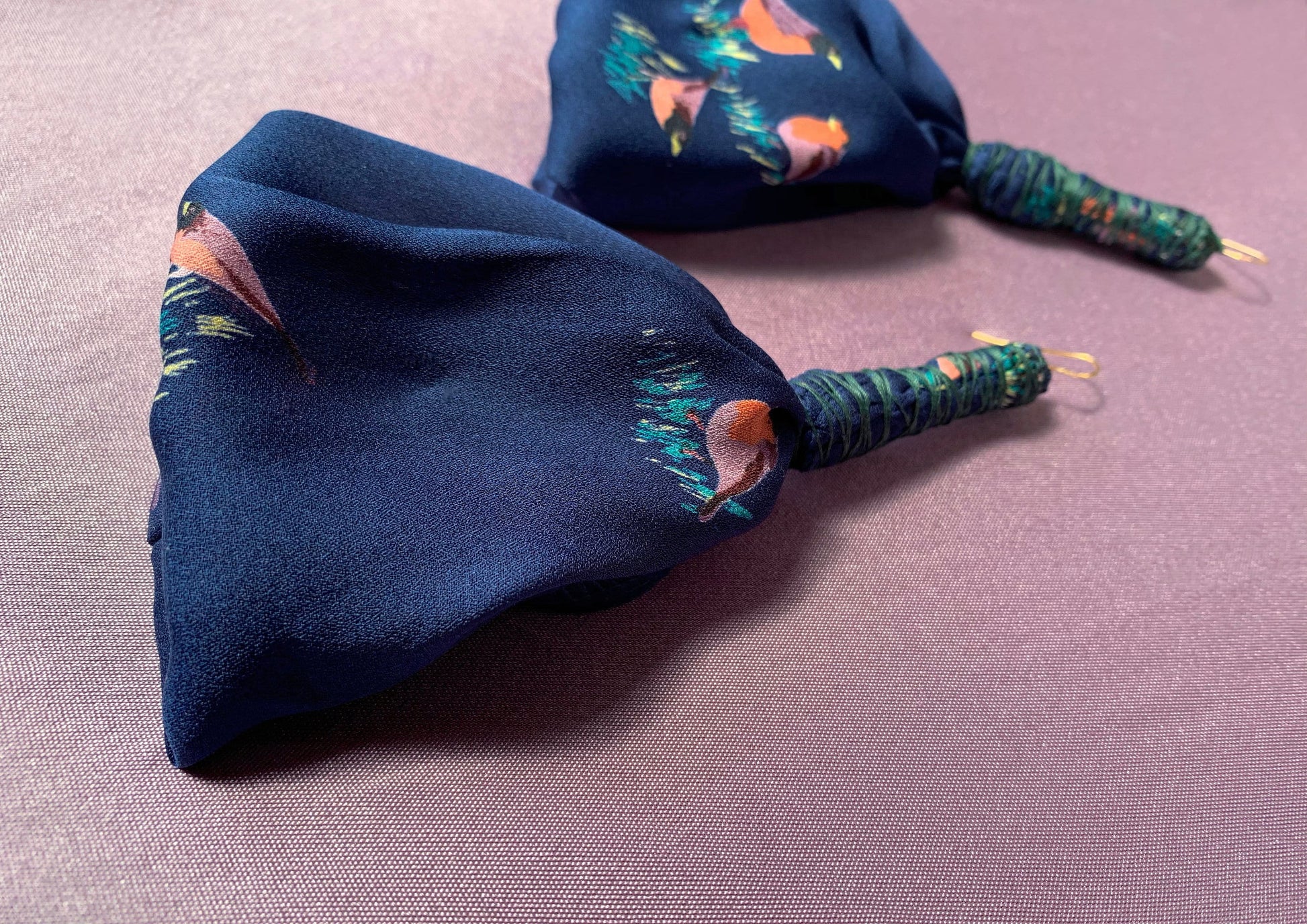 Navy Bird Print Hand-Sewn Recycled Fabric Earrings