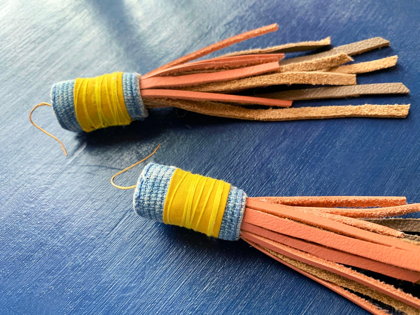 Hand-stitched Recycled Denim Leather Fabric Earrings -Recycled Materials