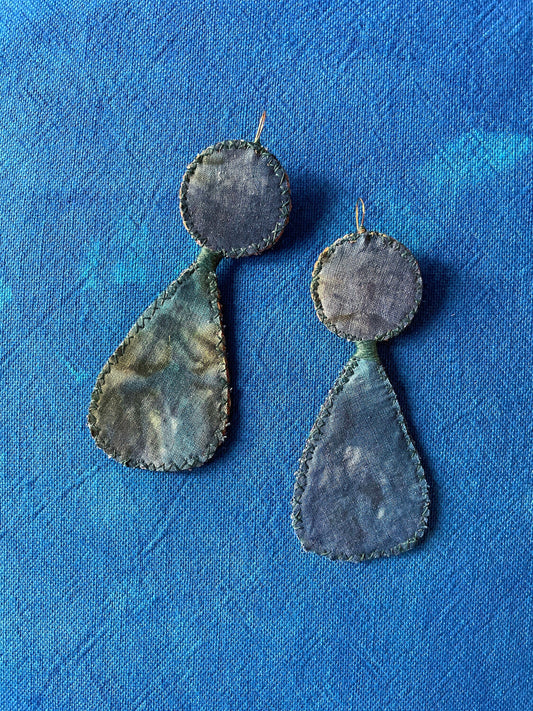 Blue Green Tie-Dye Hand-Stitched Recycled Fabric Earrings -Recycled Materials