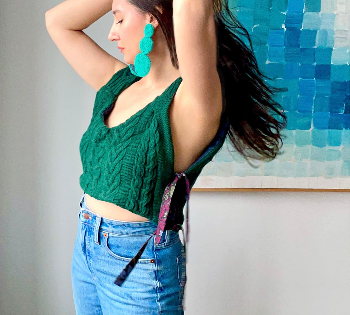 Green Upcycled Side-Tie Sweater Top - One size - recycled materials