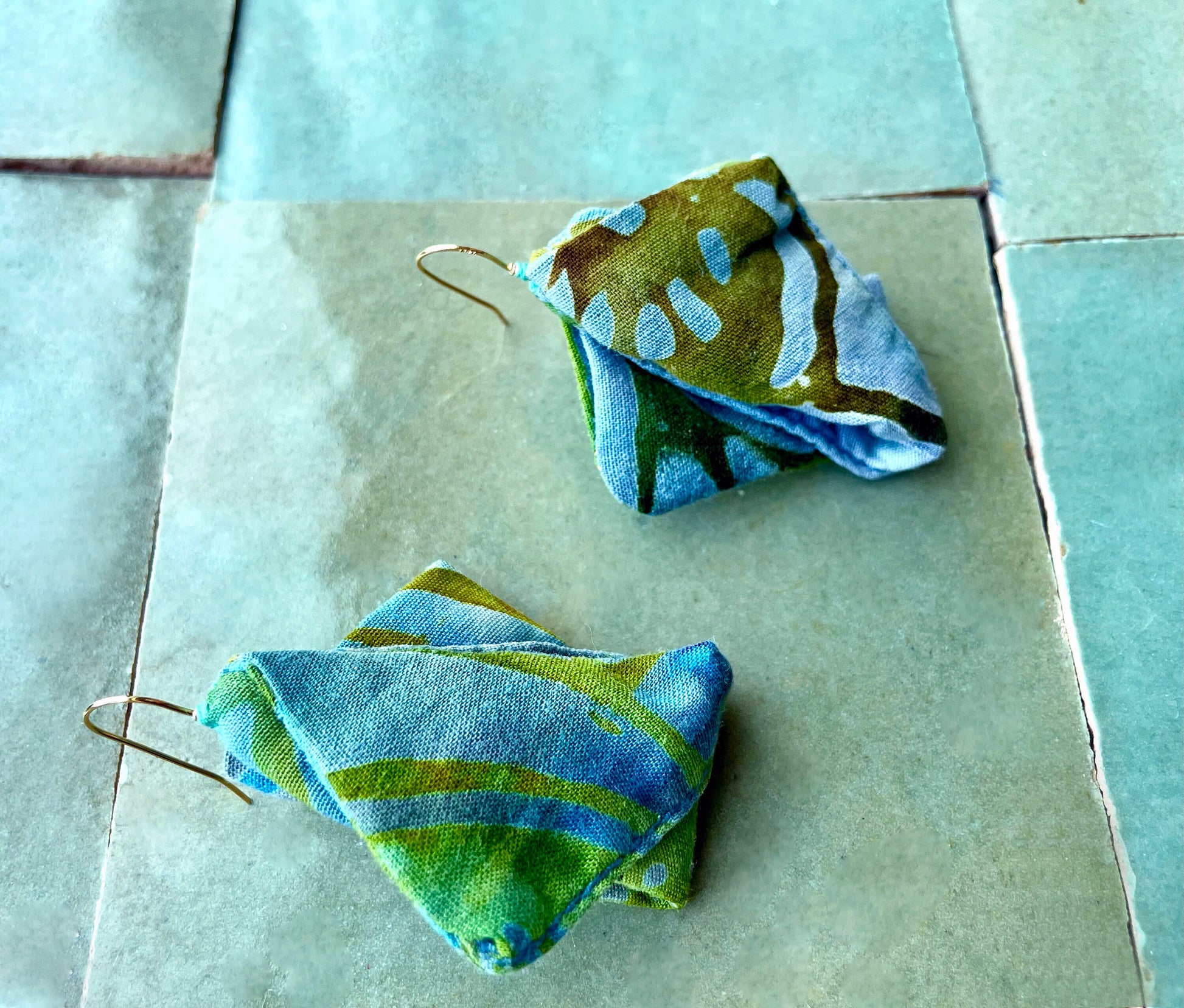 Recycled Blue Green Floral Print Fabric Earrings