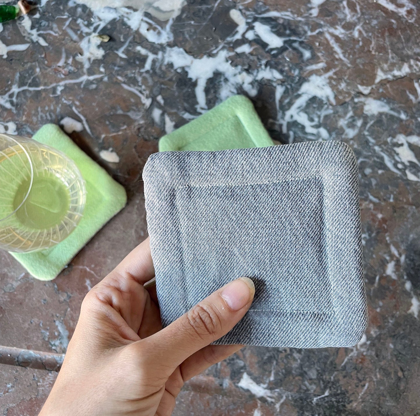 Chartreuse Fabric Coasters - Recycled Boiled Wool and Denim
