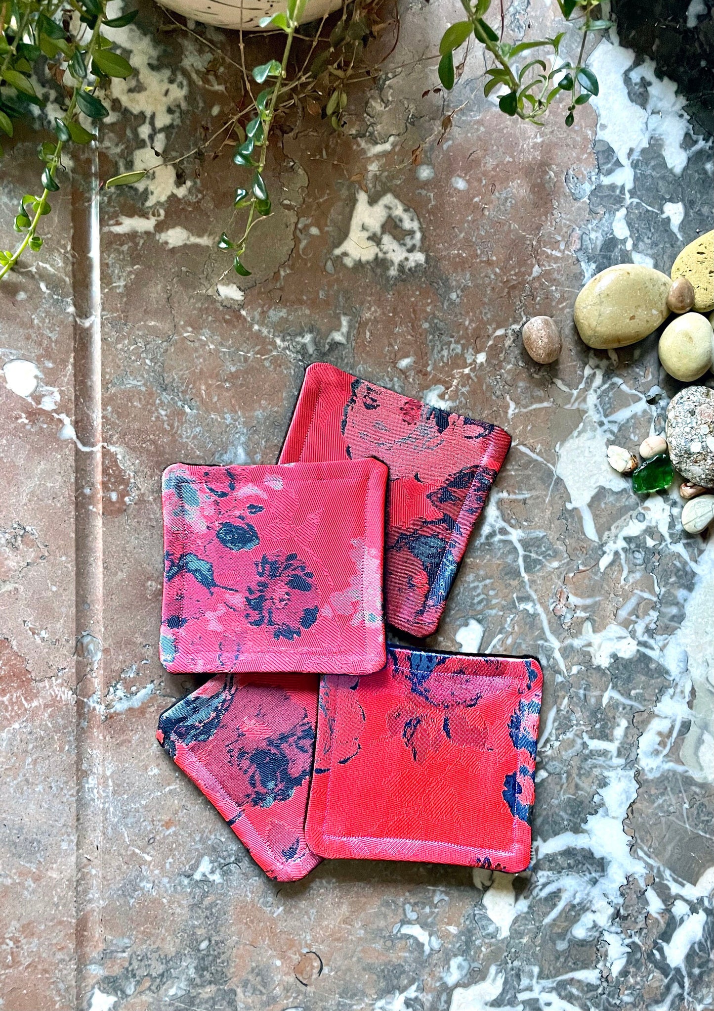 Pink Floral Fabric Coasters - Recycled Wool and Brocade