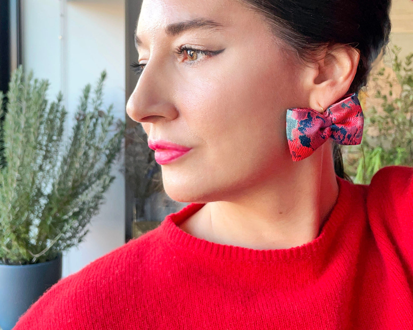 Pink Brocade Bow Earrings - Recycled Fabric