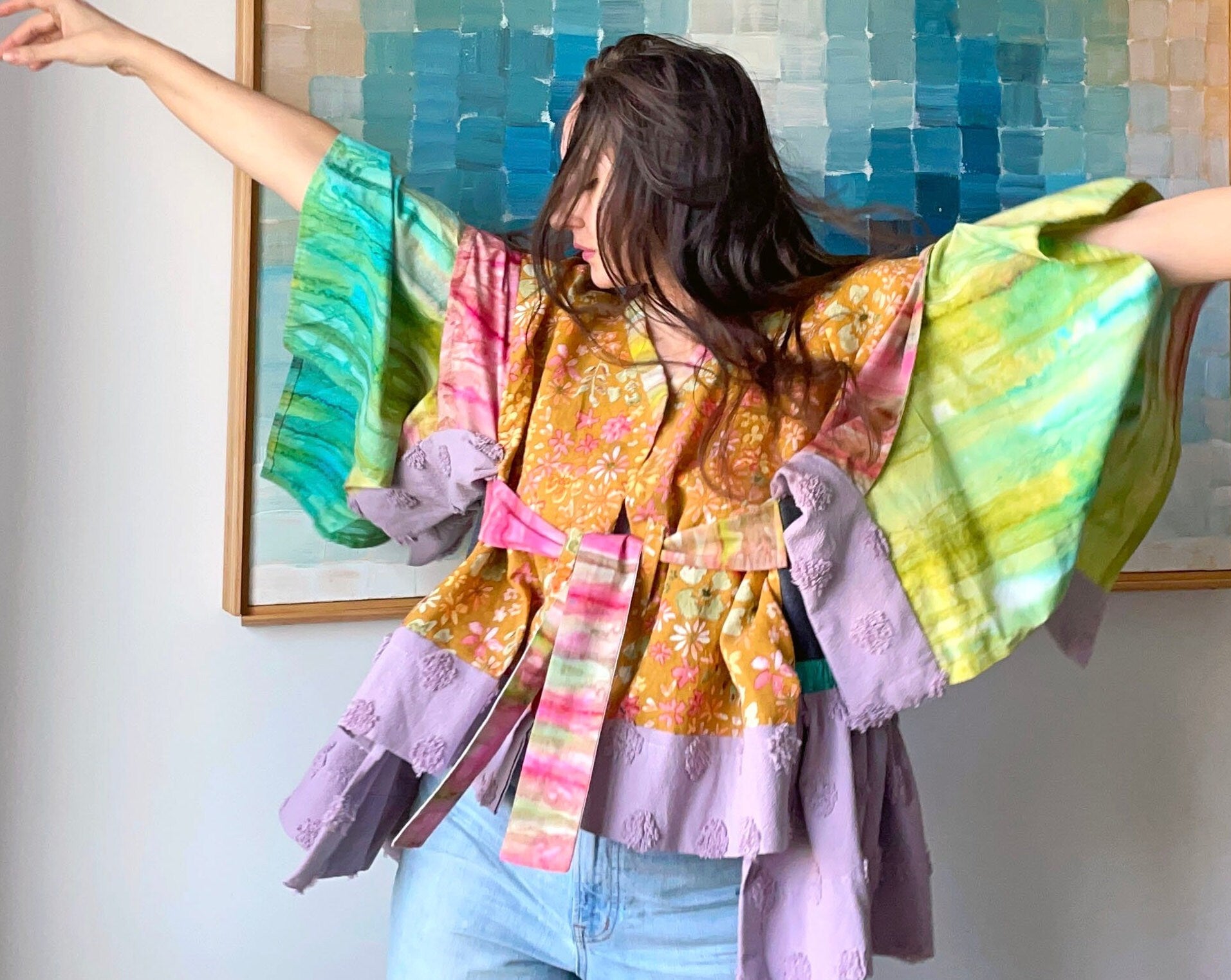 Colorful Recycled Fabrics Tie Top Jacket - One size - reclaimed vintage fabrics