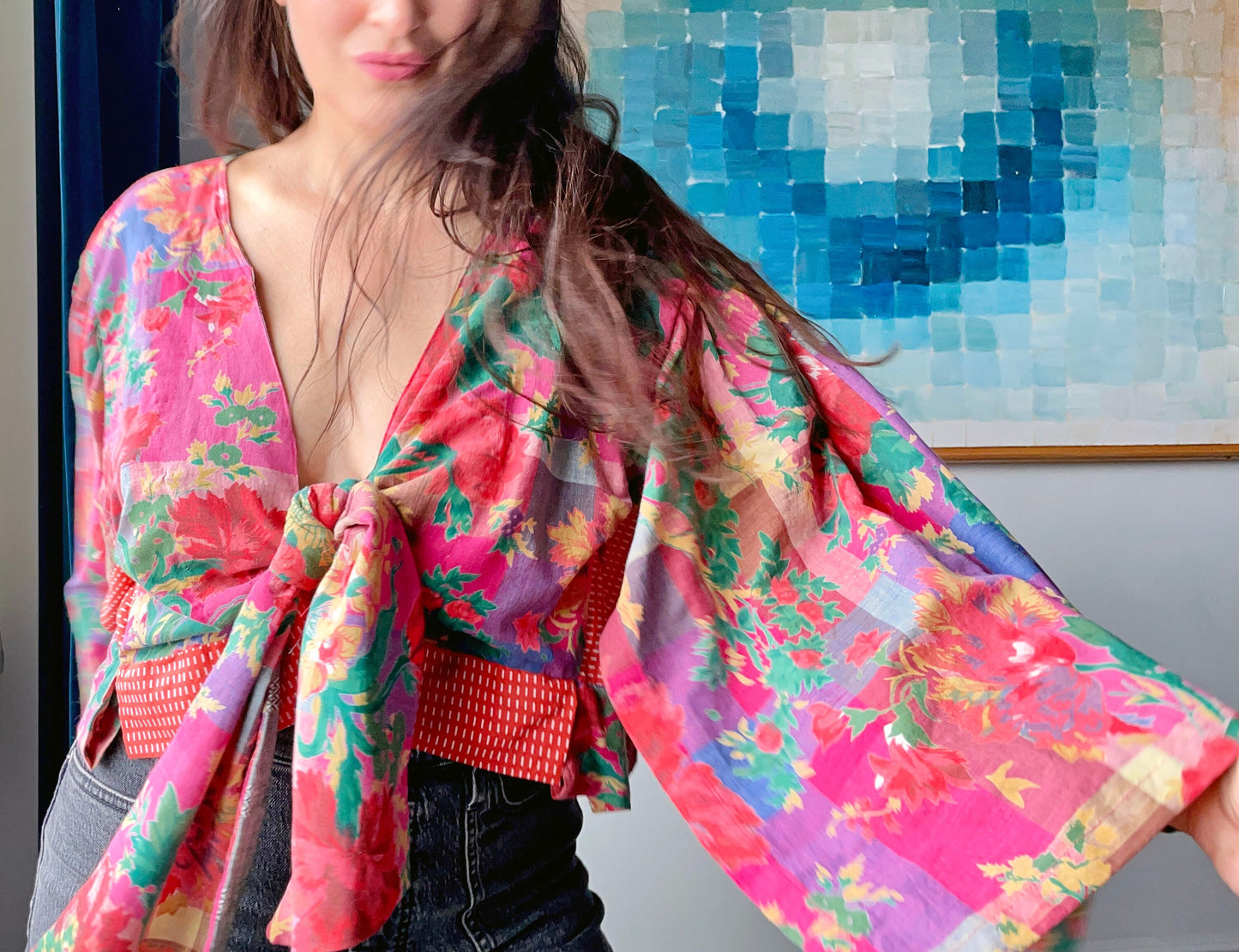 Fun Florals Recycled Fabrics Tie Top Jacket - One size - reclaimed vintage fabrics