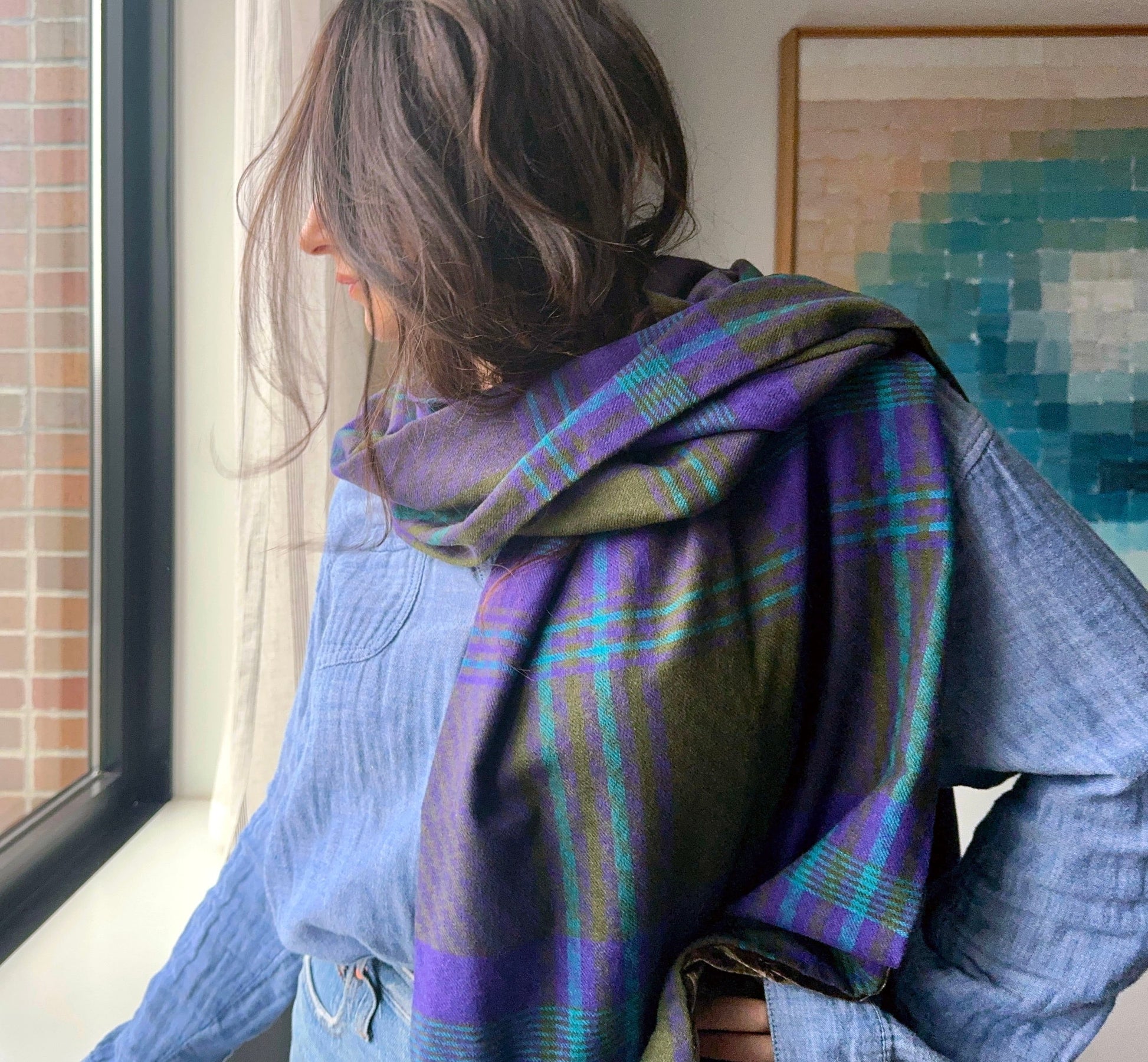 Lux Hunter Green Plaid Super Scarf - reclaimed wool and velvet
